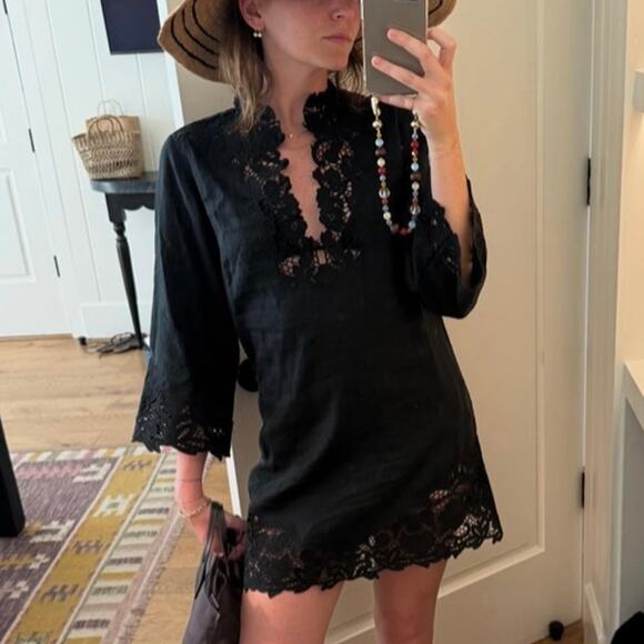 Doen Dresses & Skirts - NWT Doen Roselie Linen Lace Crochet Collar 3/4 Sleeve Tunic Mini Dress Black
